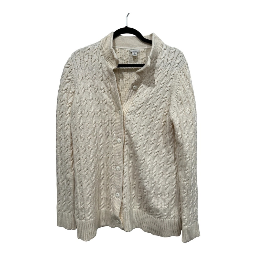 LL Bean Womens Cream Cable Knit Cardigan Sweater 100% Cotton Mock Neck L